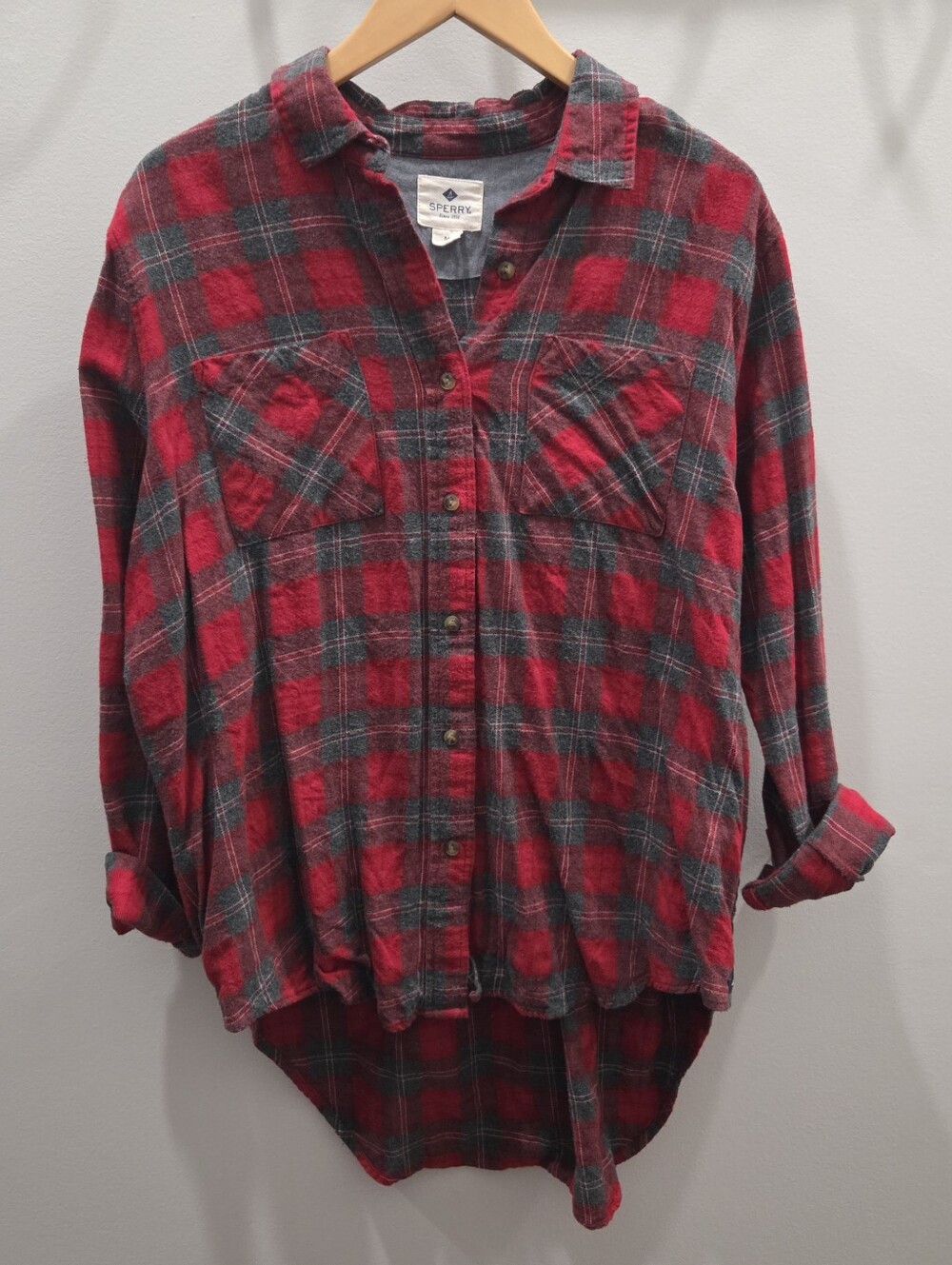 Sperry Red and Grey Plaid Flannel High-low Shirt, Women's Medium